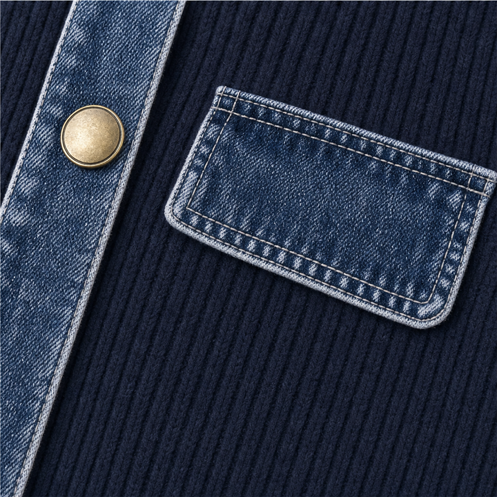 Denim flap pocket and brass button on a navy knit jacket