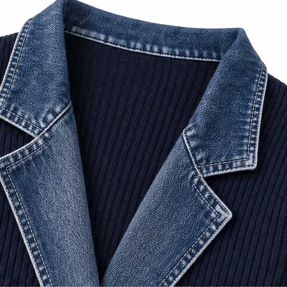 Denim notch lapel on a navy ribbed knit jacket