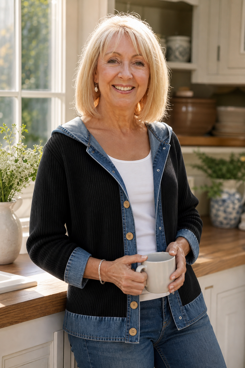 Woman with a mug in a black denim trim hooded knit jacket