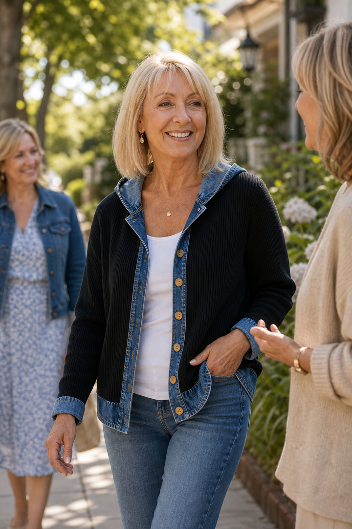 Black denim trim hooded knit jacket worn on a garden path