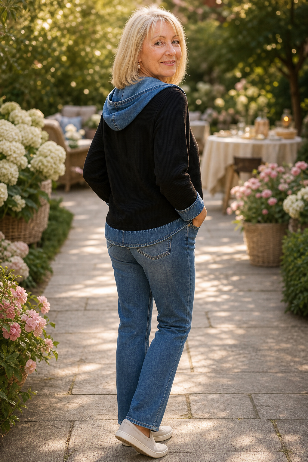 Back view of a black hooded knit jacket with a denim hood