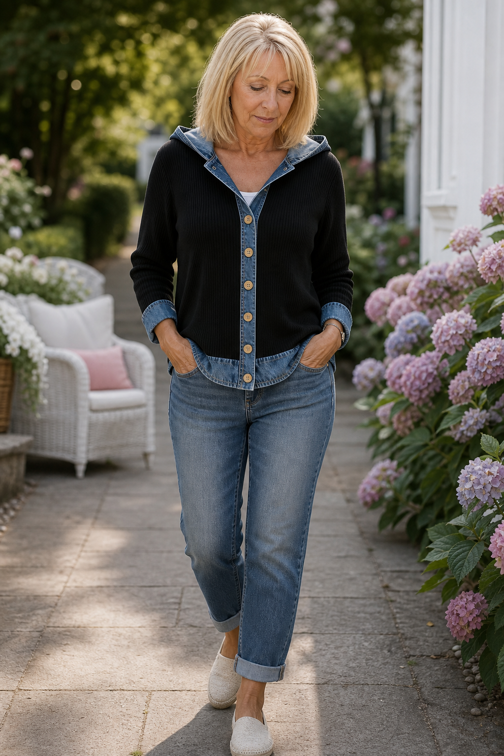 Black denim trim hooded knit jacket worn with jeans outdoors