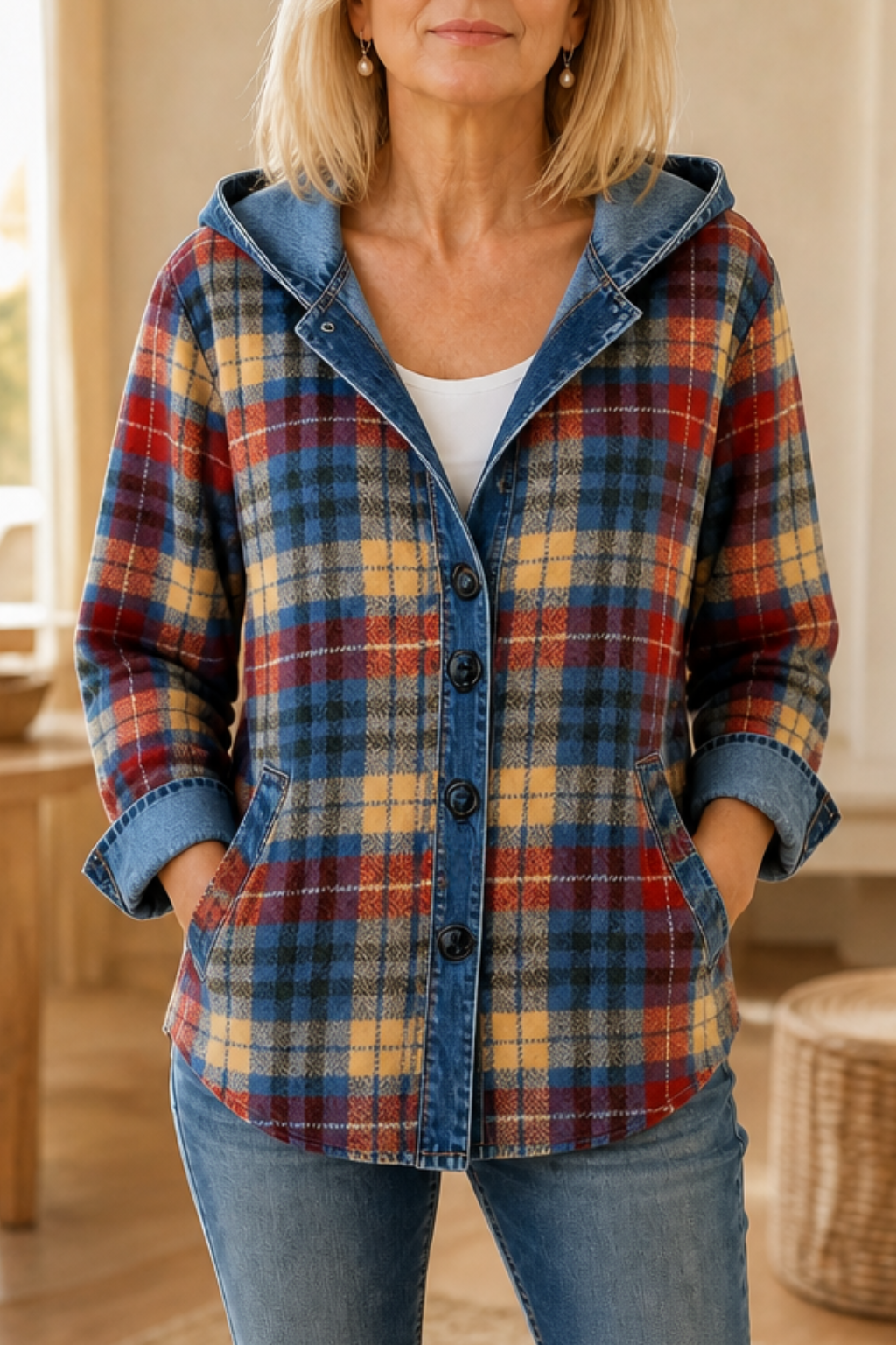 Multicolour plaid hooded jacket with denim trim and buttons