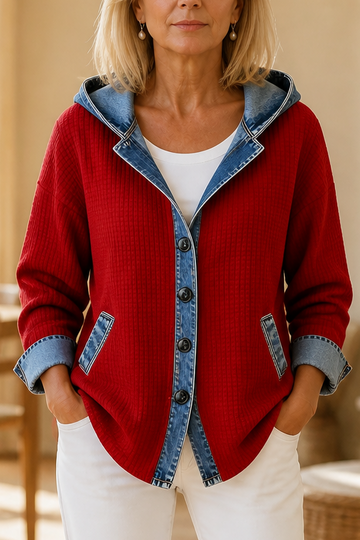 Denim Trim Hooded Knit Jacket