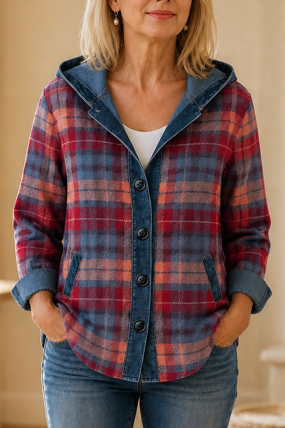 Red plaid hooded jacket with denim trim and patch pockets