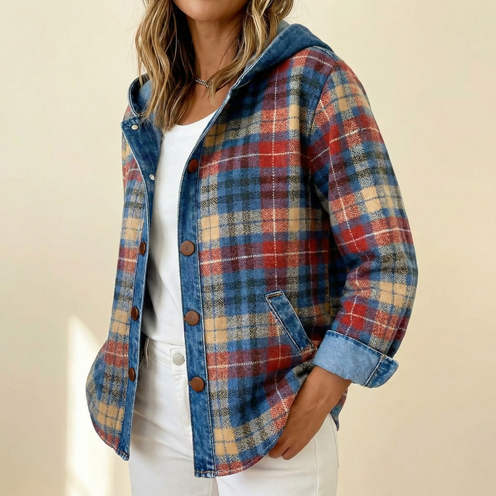 Red and cream plaid hooded jacket with denim trim