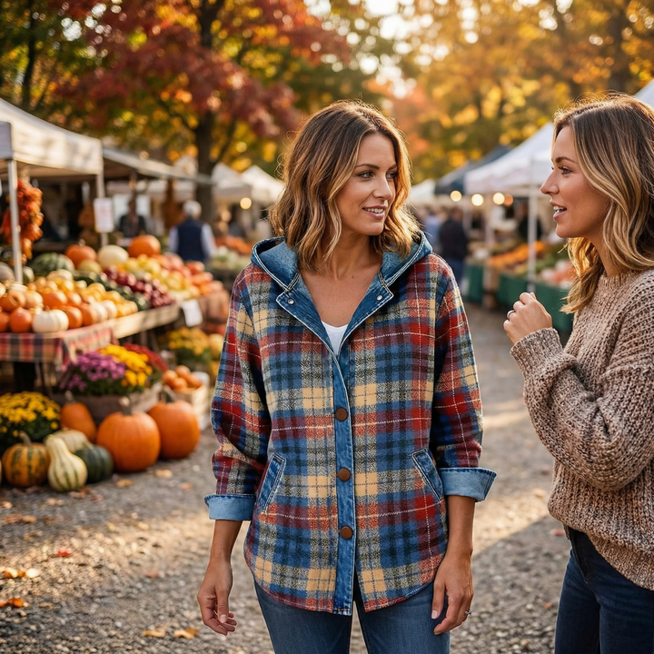 Two women at an autumn market, one in a plaid hooded jacket