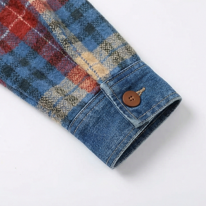 Denim cuff and wooden button detail on a plaid jacket sleeve