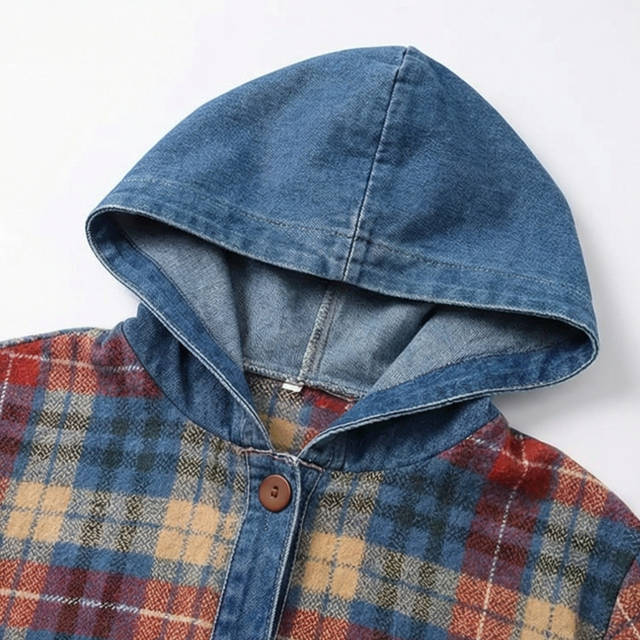 Close up of the denim lined hood on a plaid jacket