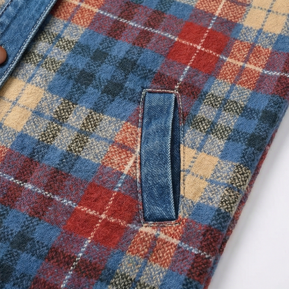 Denim trimmed welt pocket on a plaid hooded jacket