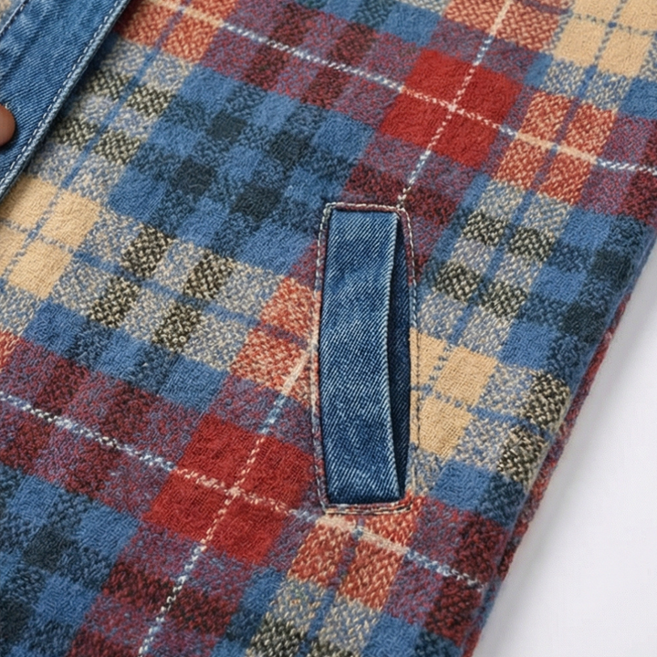 Denim trimmed welt pocket on a plaid hooded jacket