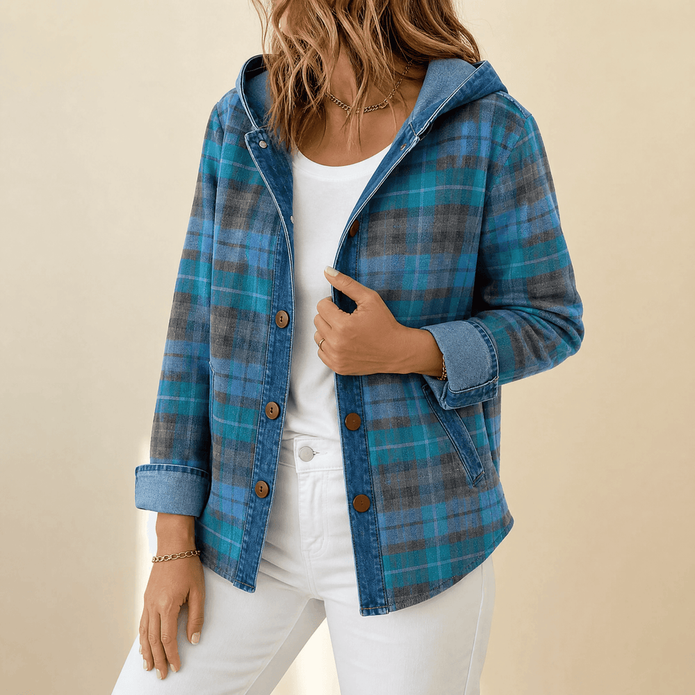 Teal plaid hooded jacket with denim trim and buttons