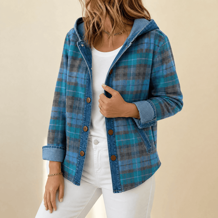 Teal plaid hooded jacket with denim trim and buttons