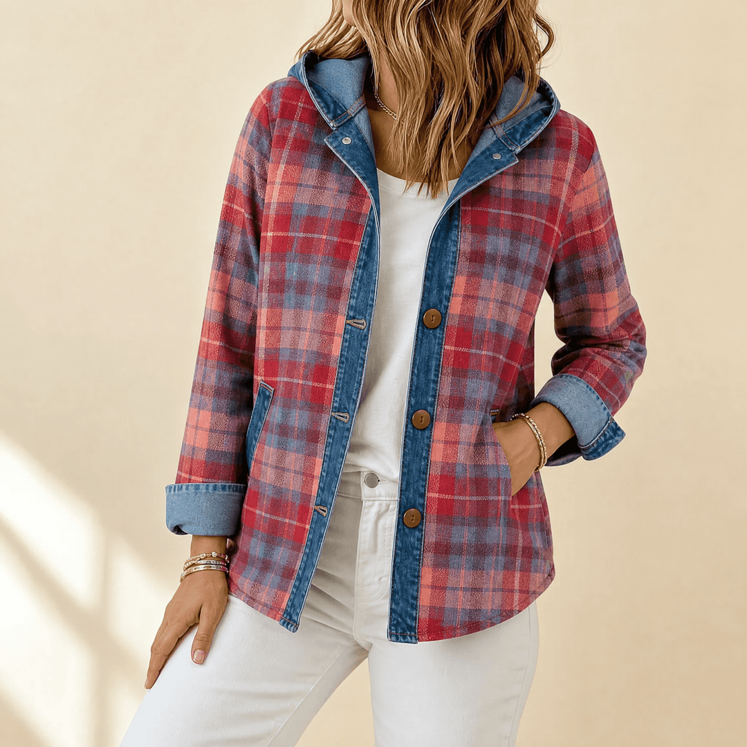 Red plaid hooded jacket with denim trim and rolled cuffs
