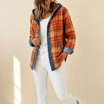 Denim Trim Plaid Hooded Jacket
