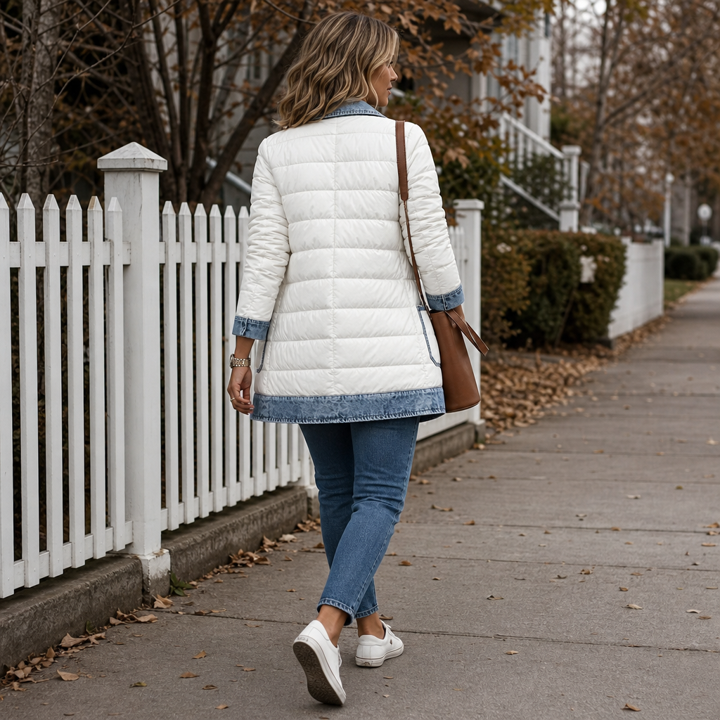 Back view of a cream quilted jacket with denim trim on a pavement