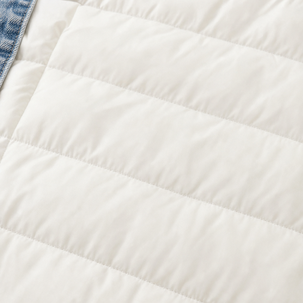 Close up of the horizontal quilting on a cream puffer jacket