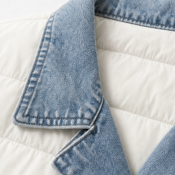 Close up of the denim collar on a cream quilted jacket