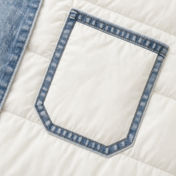 Denim trimmed patch pocket on a cream quilted jacket
