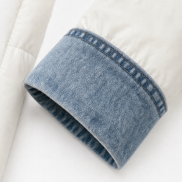 Denim cuff detail on a cream quilted puffer jacket sleeve