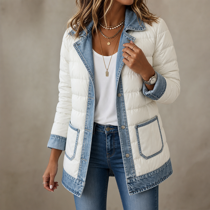 Cream quilted puffer jacket with denim collar, cuffs and pocket trim