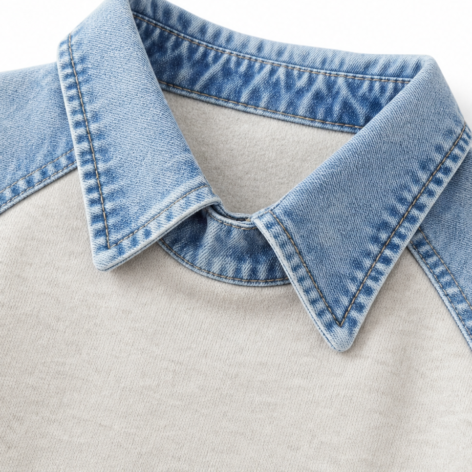 Close up of the light denim collar on a cream sweatshirt