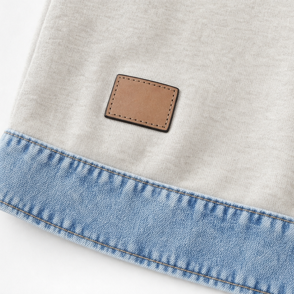 Leather patch above the denim hem band on a cream sweatshirt