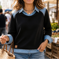 Black pullover sweatshirt with a denim yoke, collar and cuffs