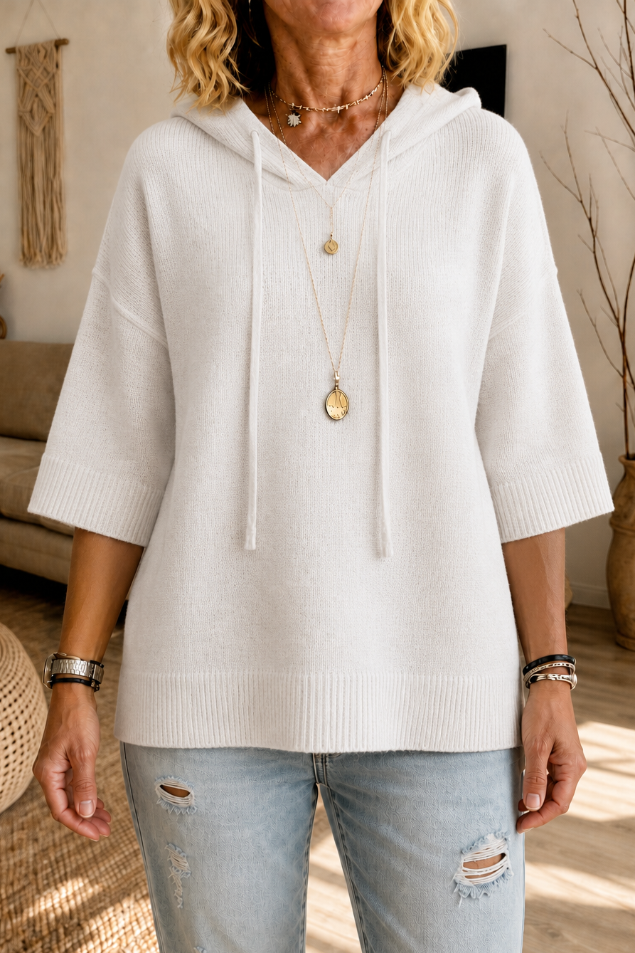 Ivory knit hoodie with elbow sleeves and a V neckline