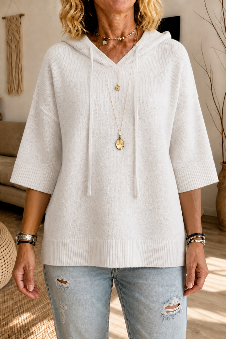 Ivory knit hoodie with elbow sleeves and a V neckline