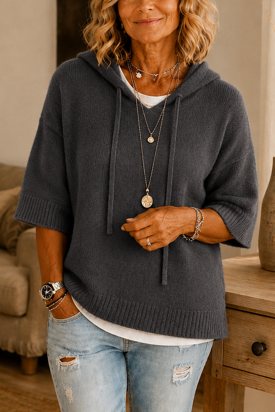 Charcoal knit hoodie with elbow sleeves and drawstrings