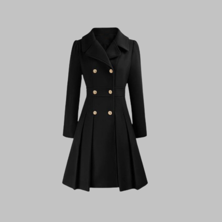 Black double-breasted coat with a pleated skirt, flat lay