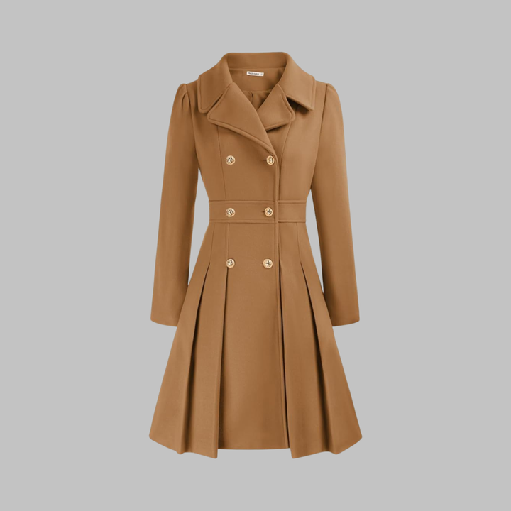 Camel double-breasted coat with a pleated skirt and gold buttons