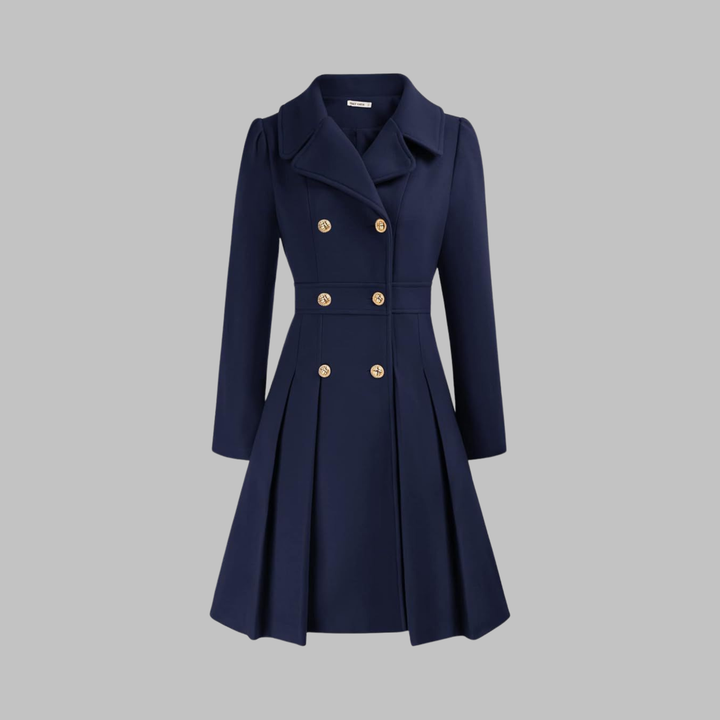Navy double-breasted coat with a pleated skirt and gold buttons