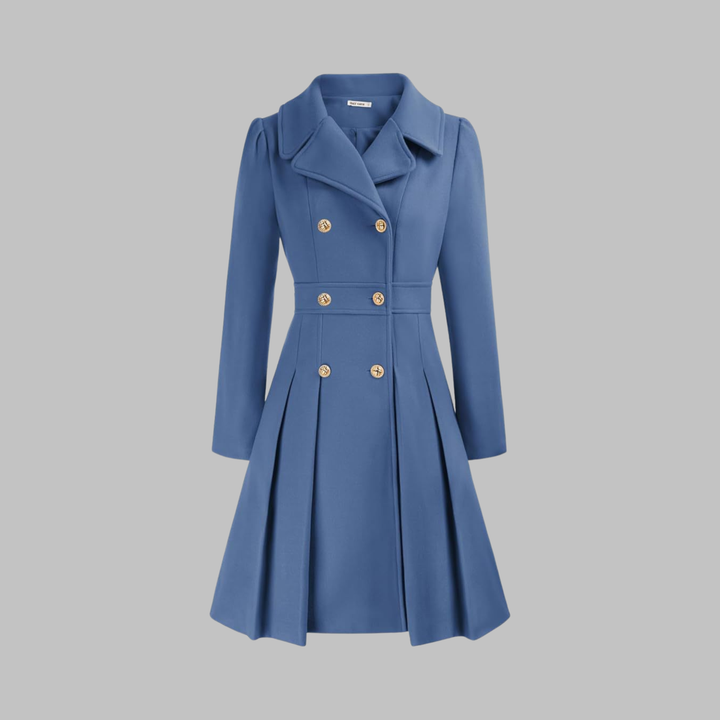 Dusty blue double-breasted coat with a pleated skirt and gold buttons