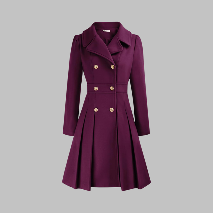 Plum double-breasted coat with a pleated skirt, flat lay