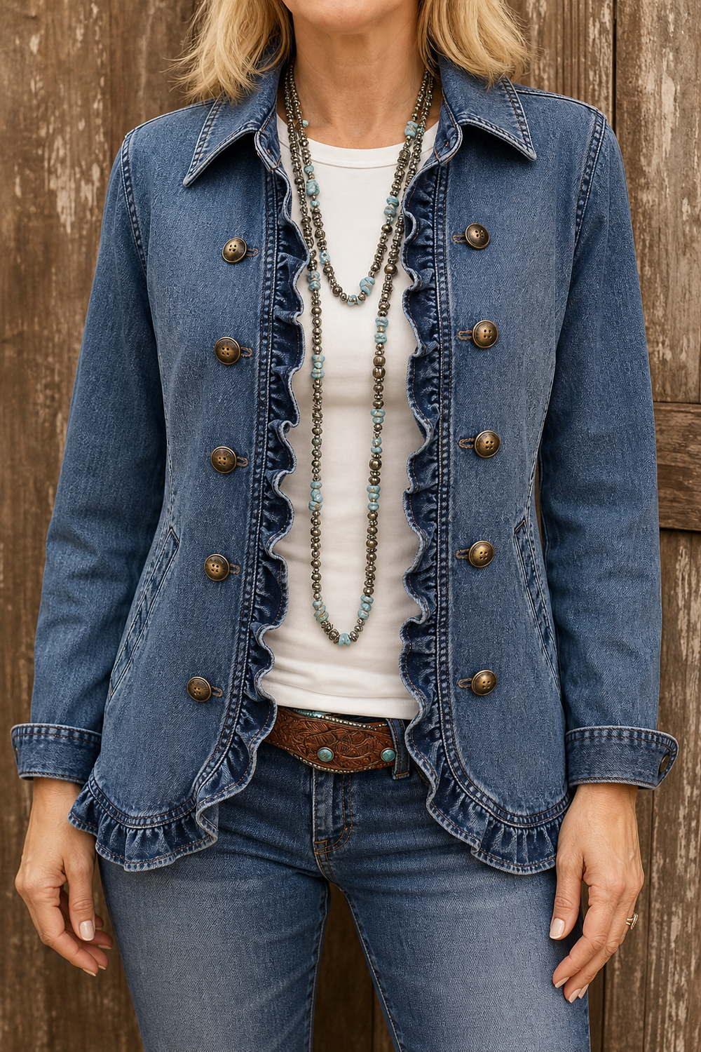 Double breasted denim jacket with antique buttons and ruffle trim