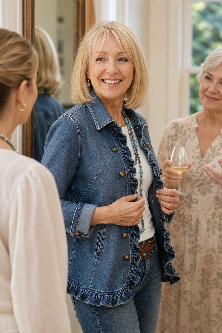 Woman at a party in a double breasted ruffle denim jacket
