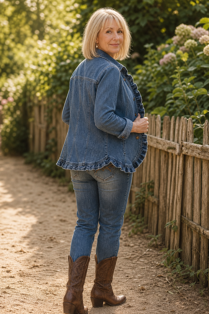 Back view of a denim jacket with a scalloped ruffled hem