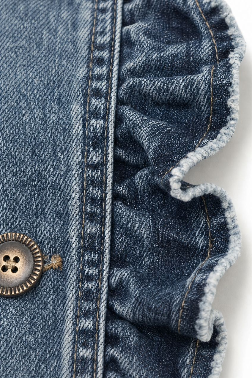 Close up of an antique button and ruffled denim placket