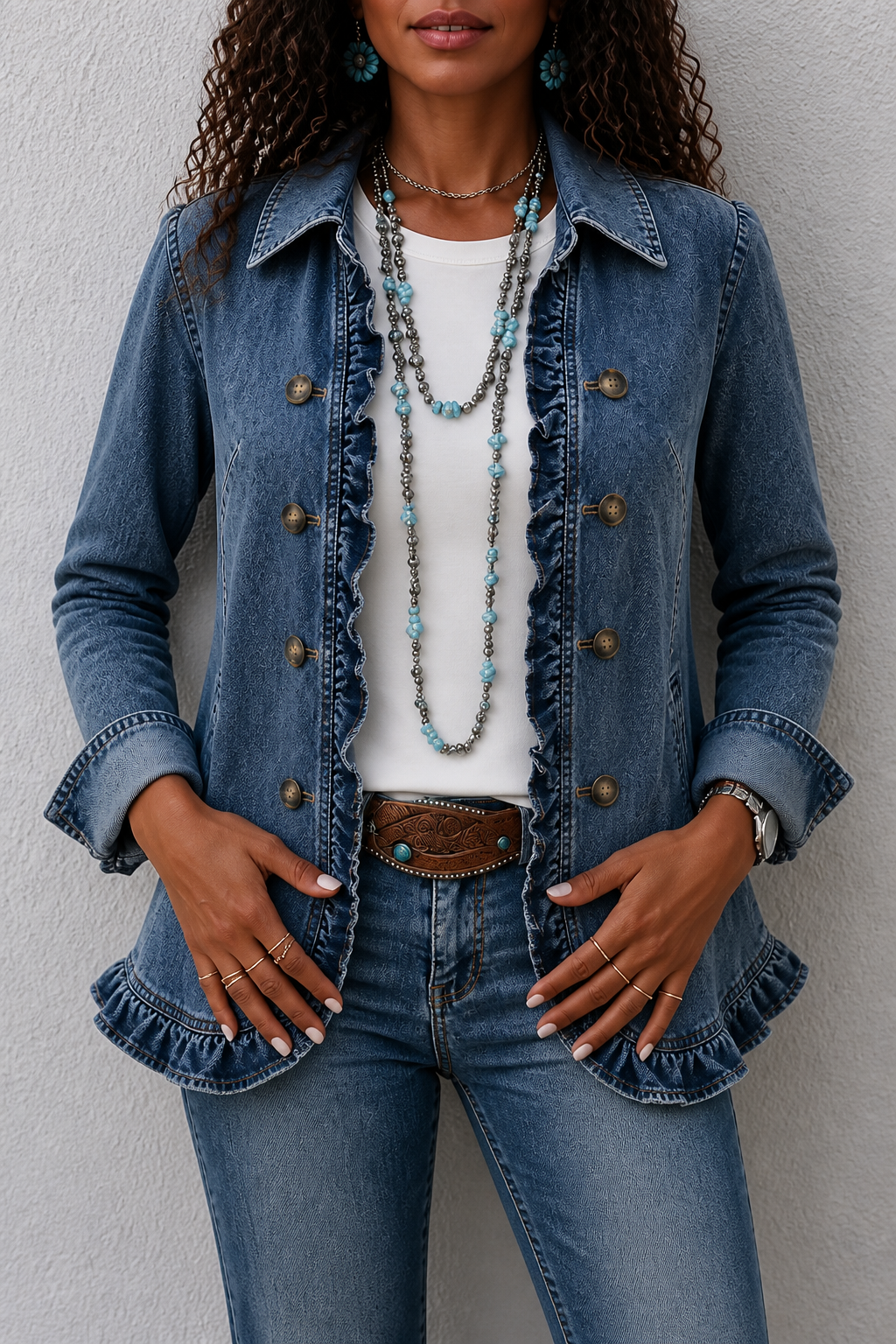 Blue denim jacket with a double breasted front and ruffled hem