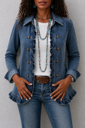Blue denim jacket with a double breasted front and ruffled hem