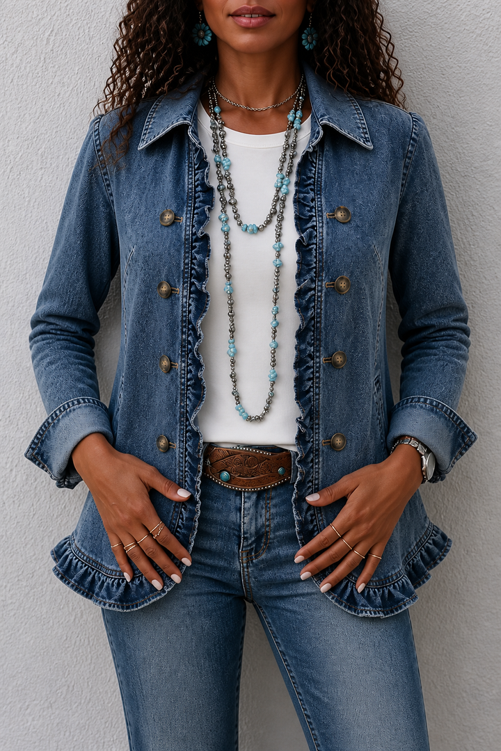 Blue denim jacket with a double breasted front and ruffled hem