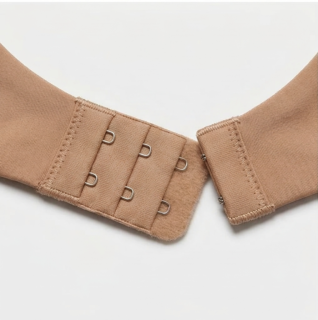 Close-up of the three-row hook and eye band in nude
