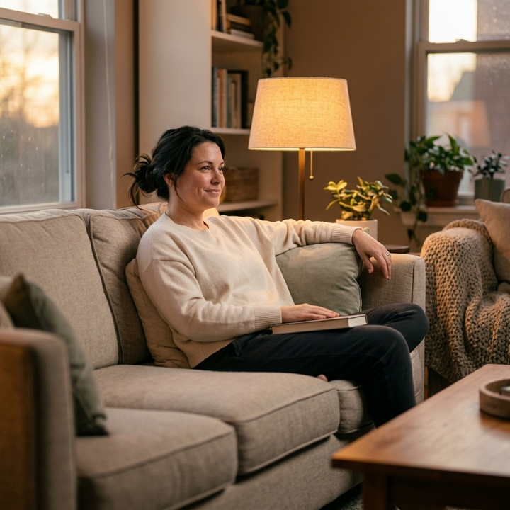Woman reading on a sofa by lamplight in a cream jumper