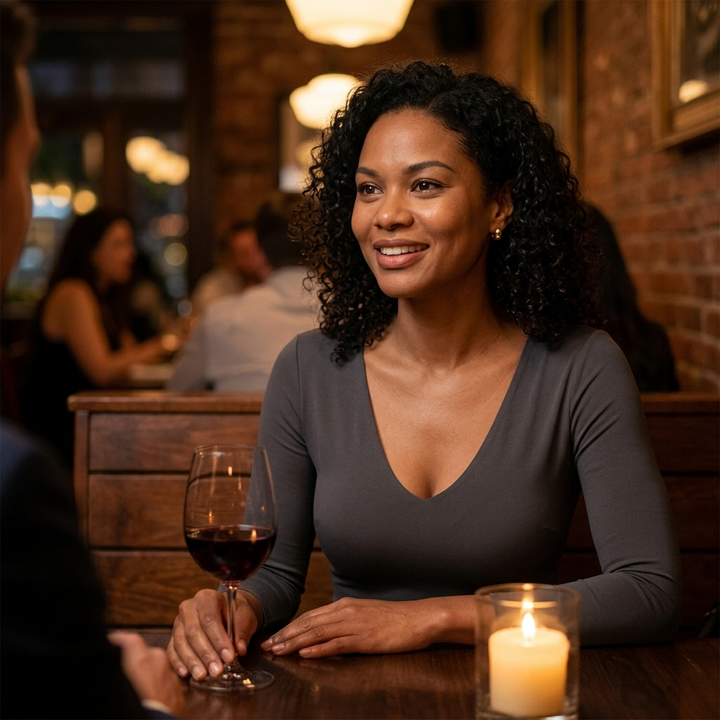 Woman at a bar table in a grey V neck top with wine