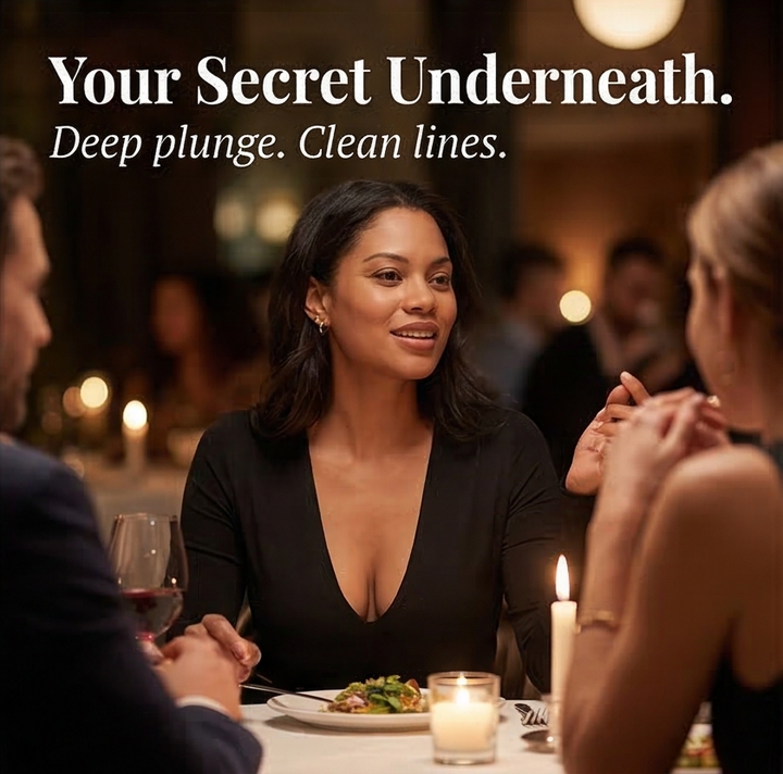 Feature panel of a woman in a deep V top at a restaurant