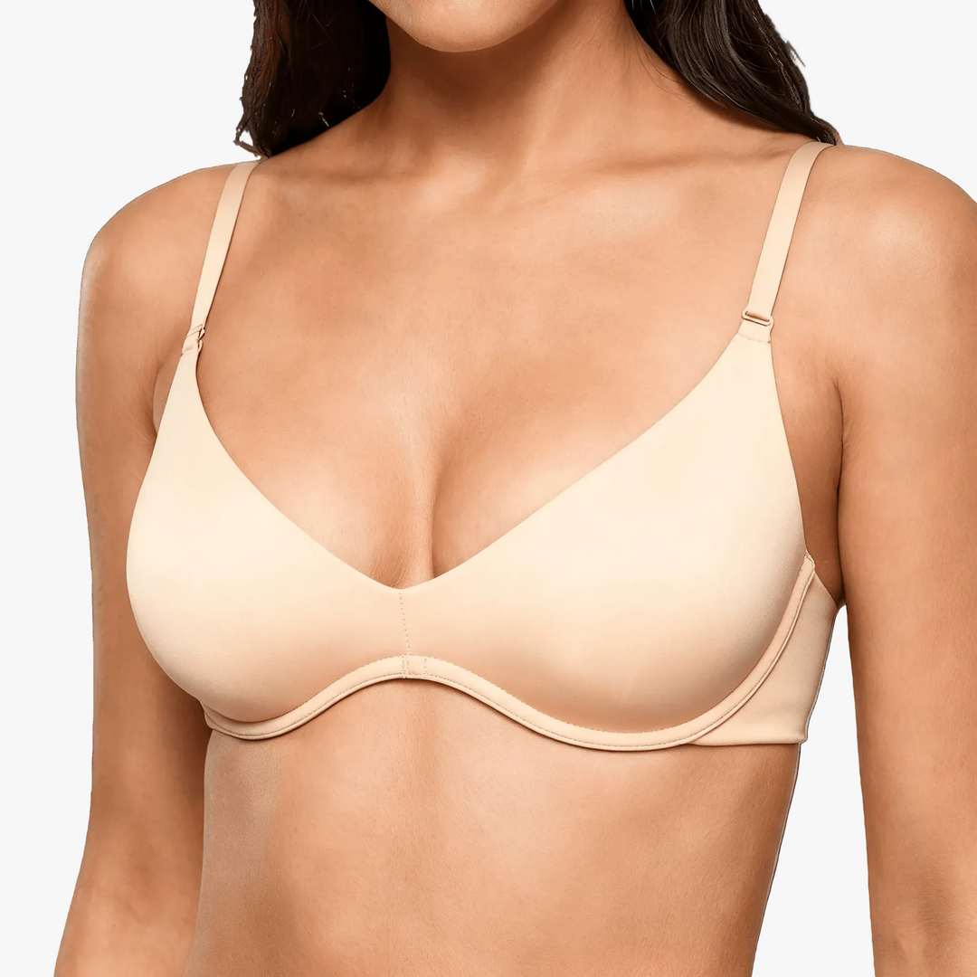 Ivory unpadded plunge bra worn on a body