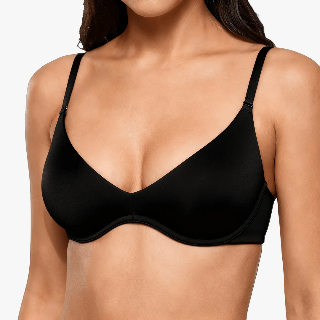 Black unpadded plunge bra worn on a body