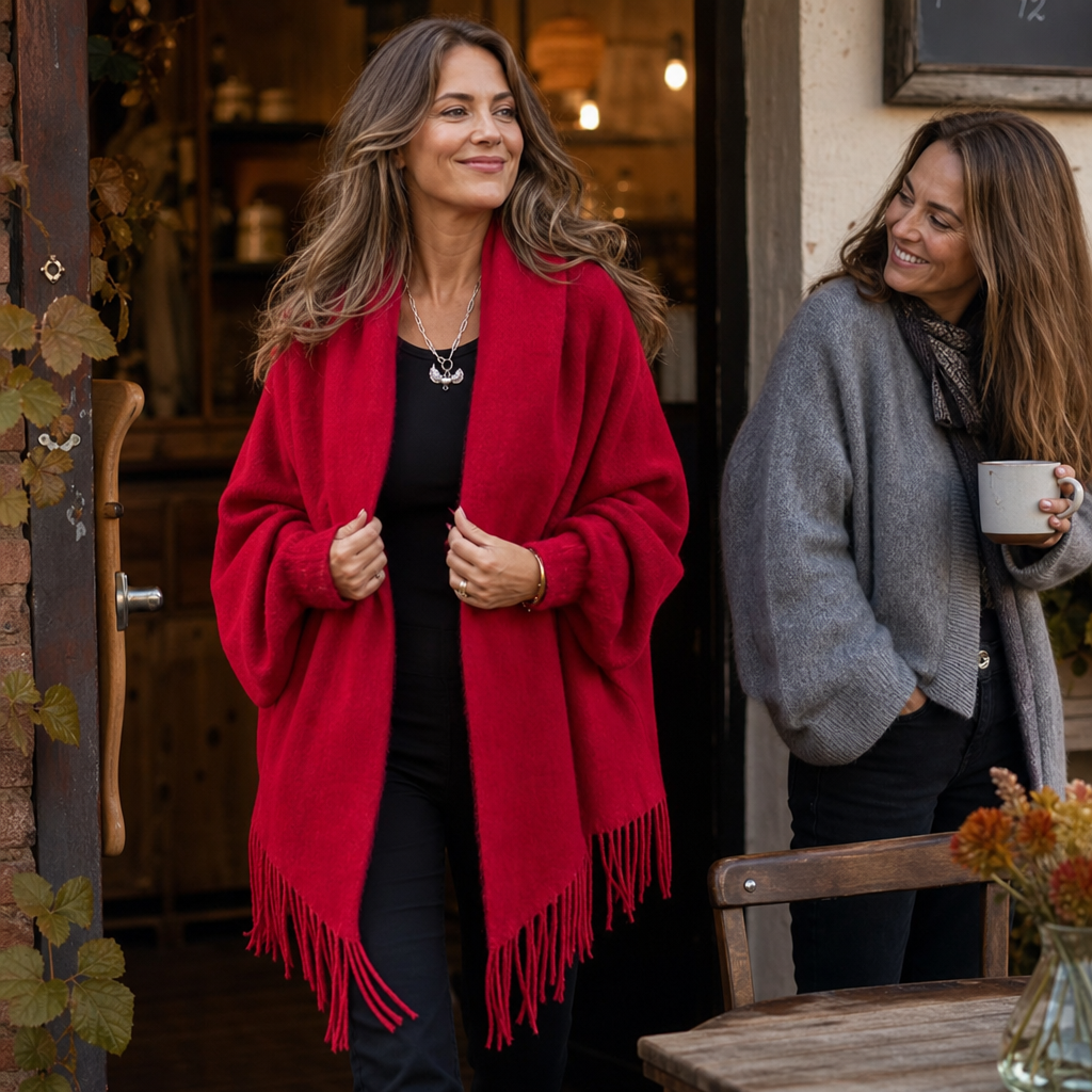 Two women outside a cafe, one in a red fringed shawl wrap